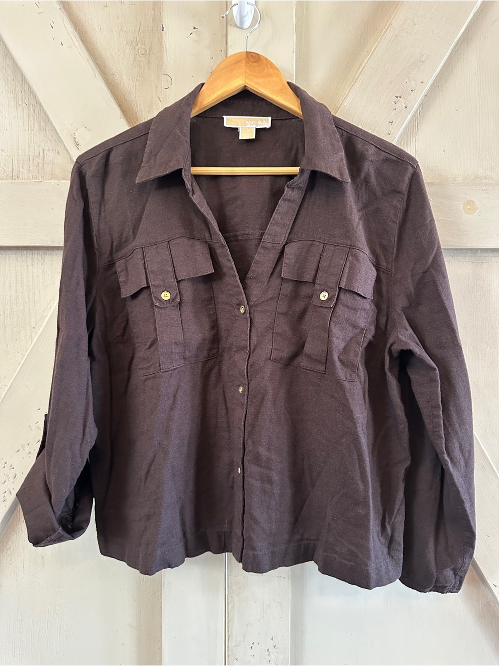 Michael Kors Brown Linen Blend Utility Button Front Shirt Women’s L